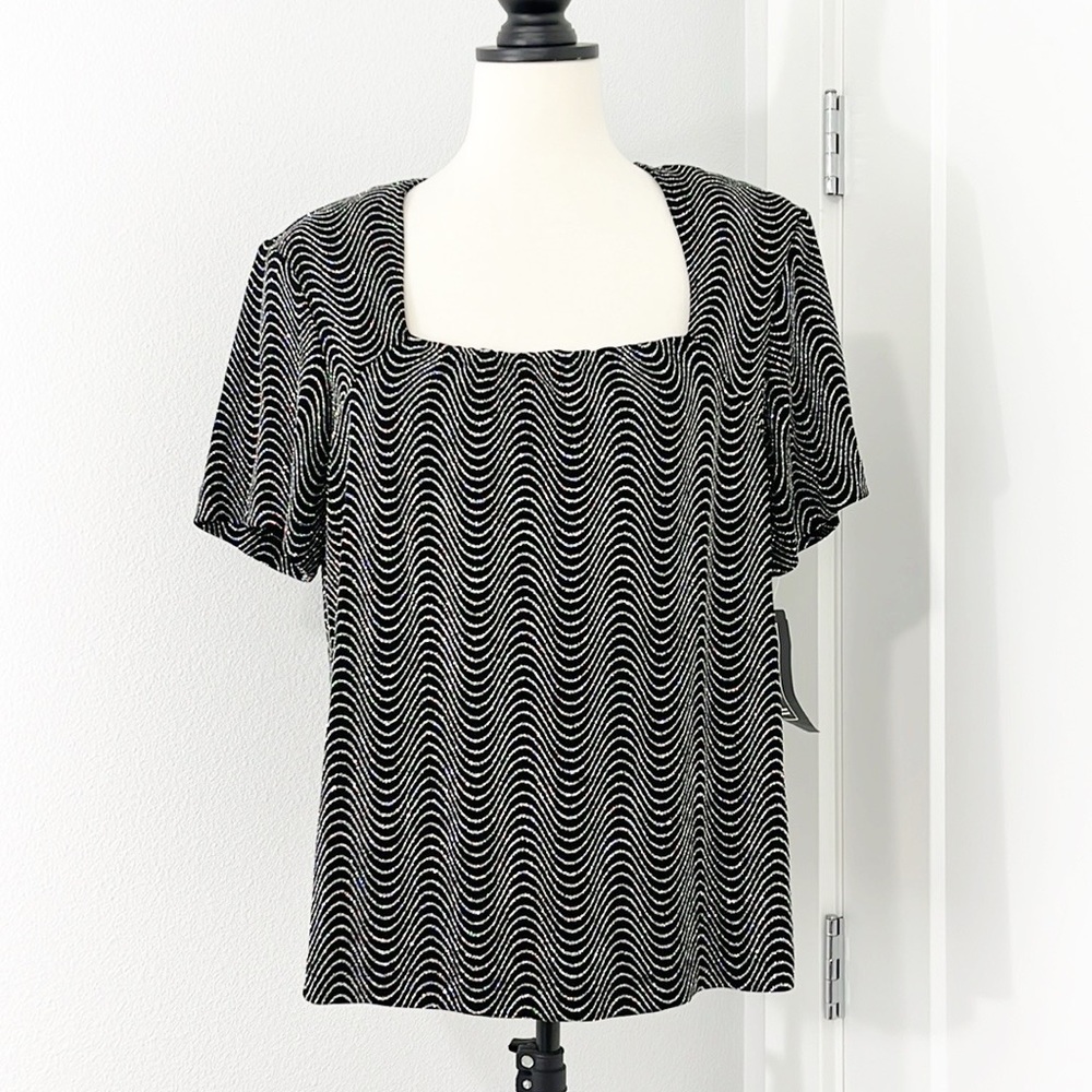 New Ronnie Nicole 1X Black, Silver Holographic Glitter Square Neck Formal Top